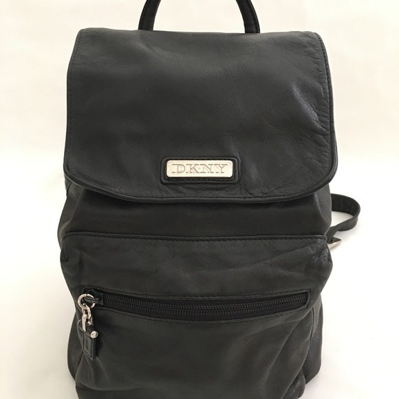 DKNY Black Mini Leather Backpack 10x8x5 Magnetic Snaps Silver Hardware - Picture 2 of 16